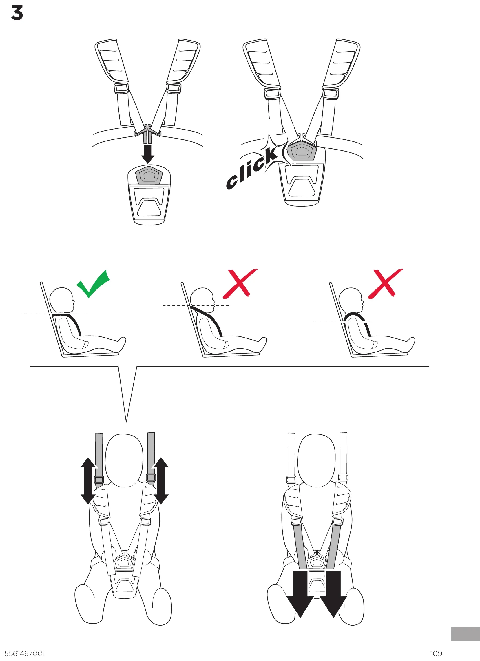 Thule manual step 3: clicking the five-point harness buckle shut and adjusting the shoulder straps