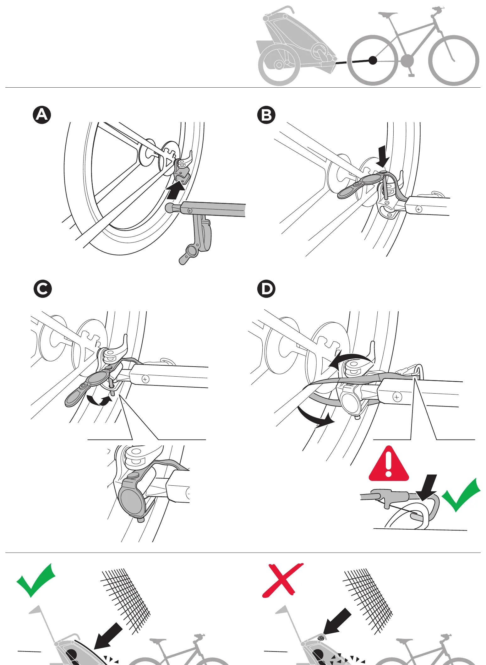Thule manual: coupling the bike arm to the bicycle hitch on the rear axle in steps A to D