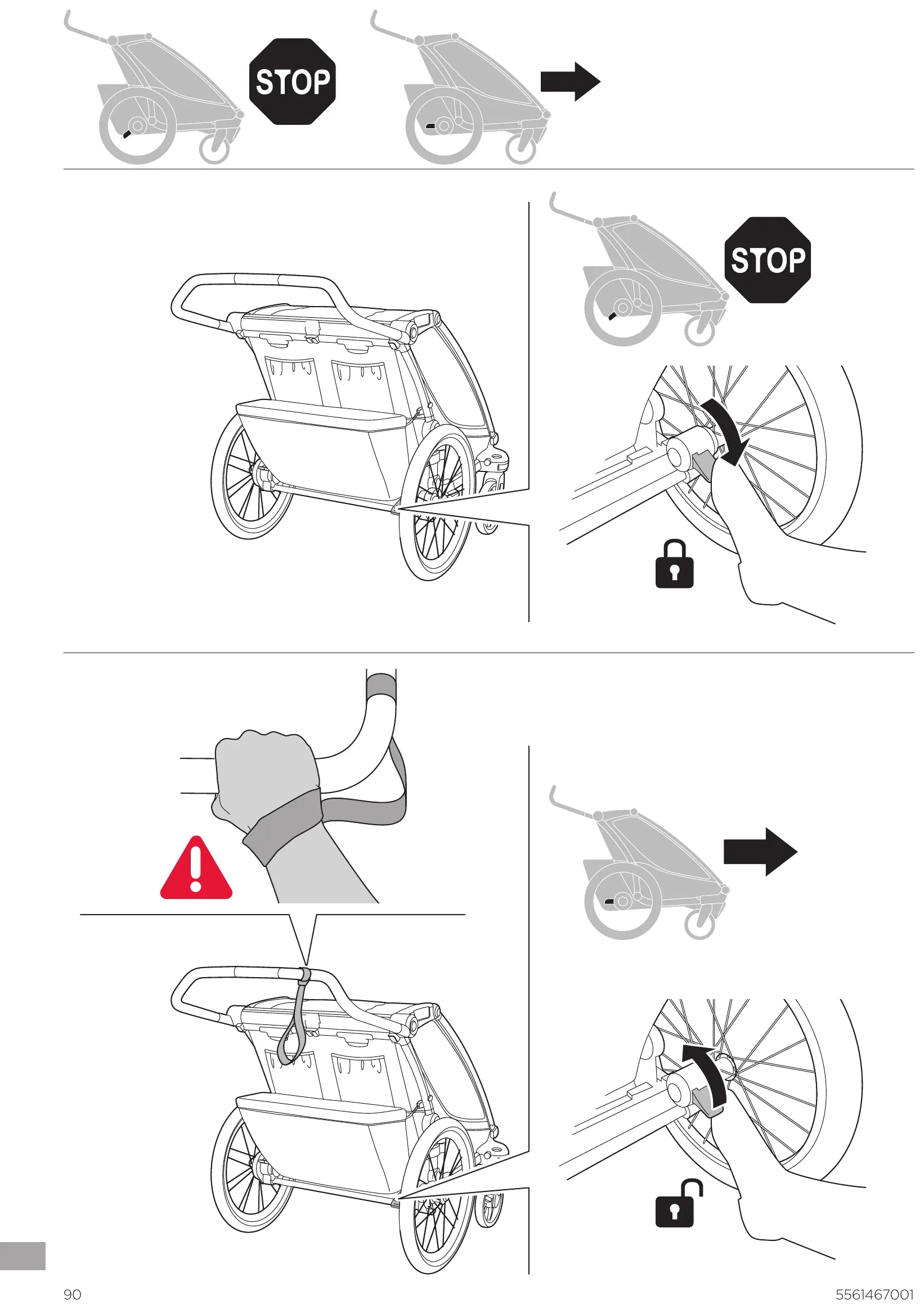 Thule manual: engaging the parking brake with the STOP pictogram and using the wrist strap for