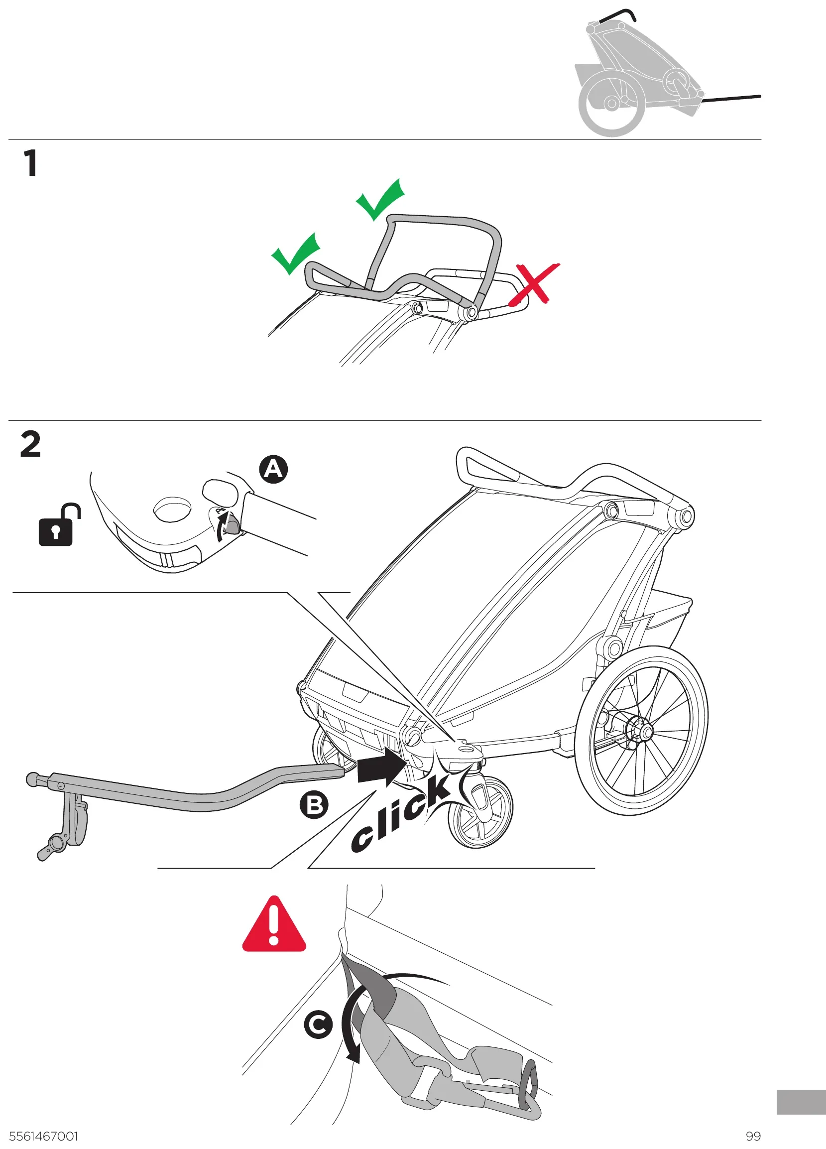 Thule manual: attaching the bike arm (tow bar) to the Chariot Cross until it clicks