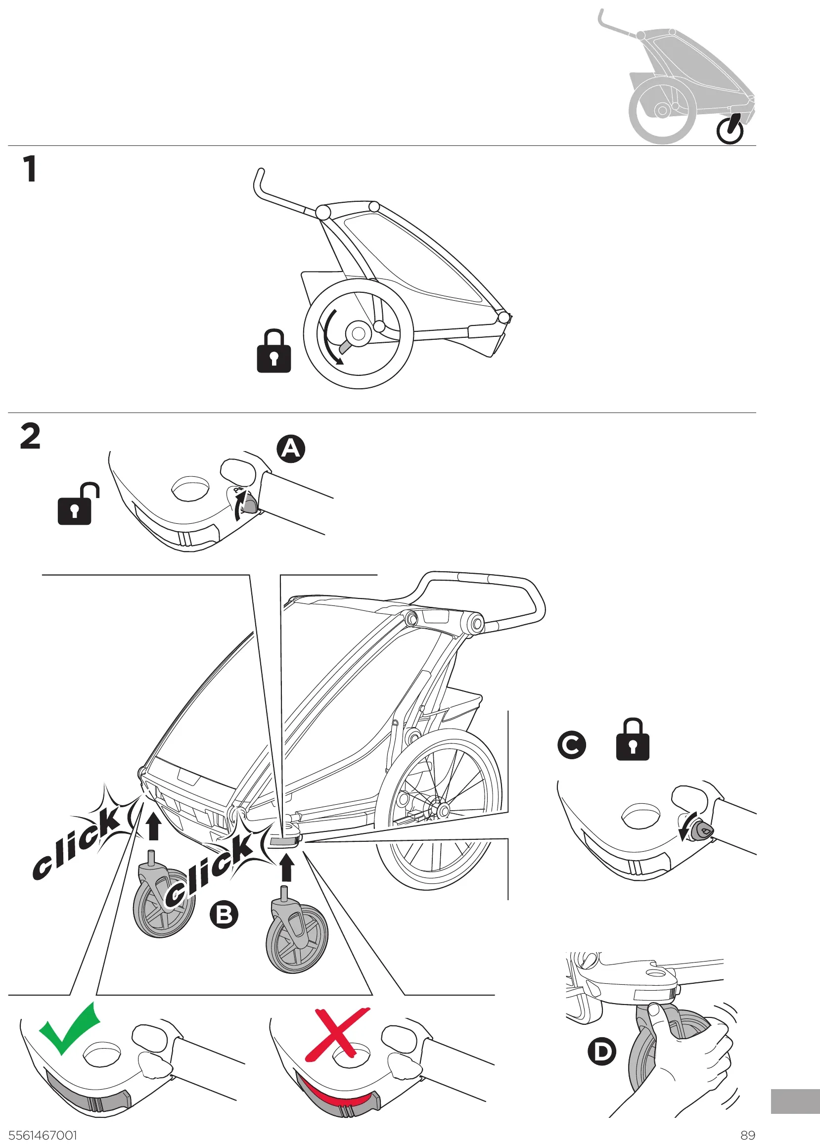 Thule manual: releasing and removing the quick-release wheels and the stroller wheel of the Chariot