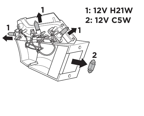 Thule EasyFold XT manual image for replacing the light bulbs, 12V H21W and 12V C5W