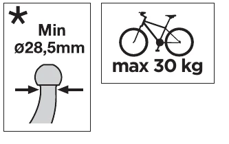 Thule EasyFold XT manual icons for minimum towball diameter 28.5 mm and max 30 kg per bike