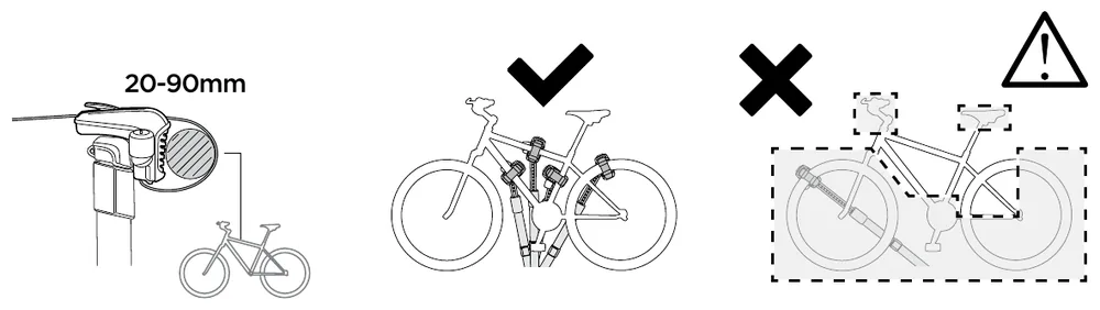 Thule Epos 2-bike manual: frame clamp accepts 20-90 mm frame tubes, with correct and incorrect clamping positions