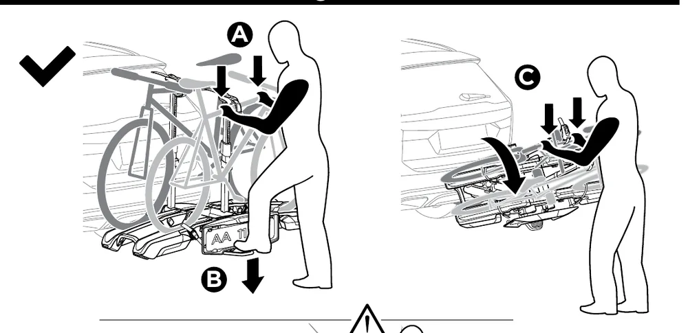 Thule Epos 2-bike manual: tilting the loaded carrier down for boot access and back up until it clicks