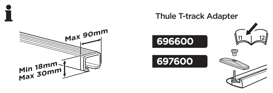 Thule Motion XT roof bar compatibility diagram showing the maximum bar width and bar thickness