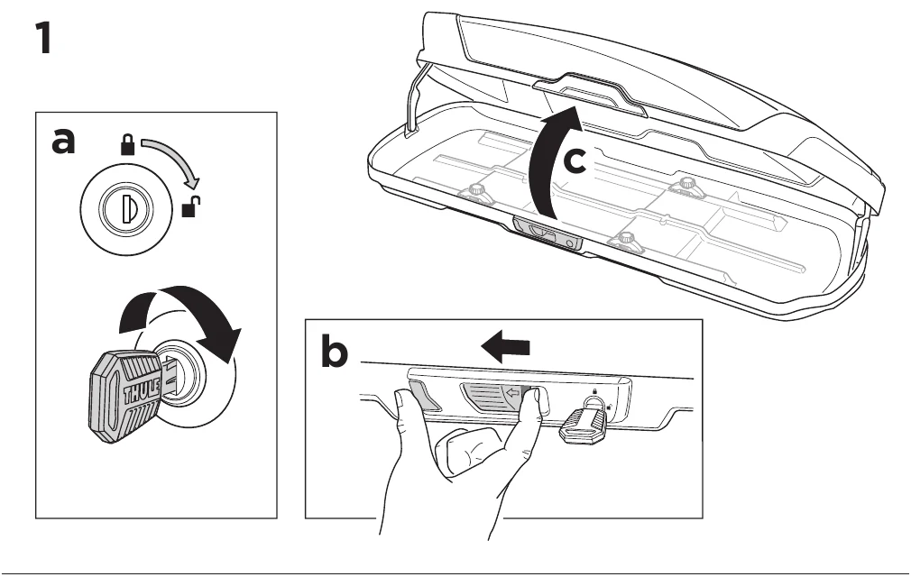 Thule Motion XT manual step 1: unlock the box with the key, slide the handle and open the lid