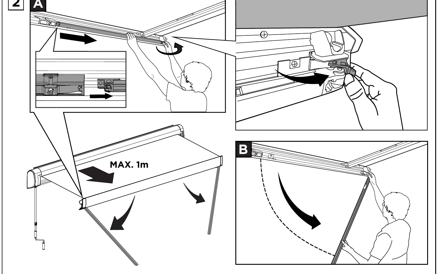 Thule Omnistor 5200 manual diagram: releasing the arms and lowering the support legs while extending