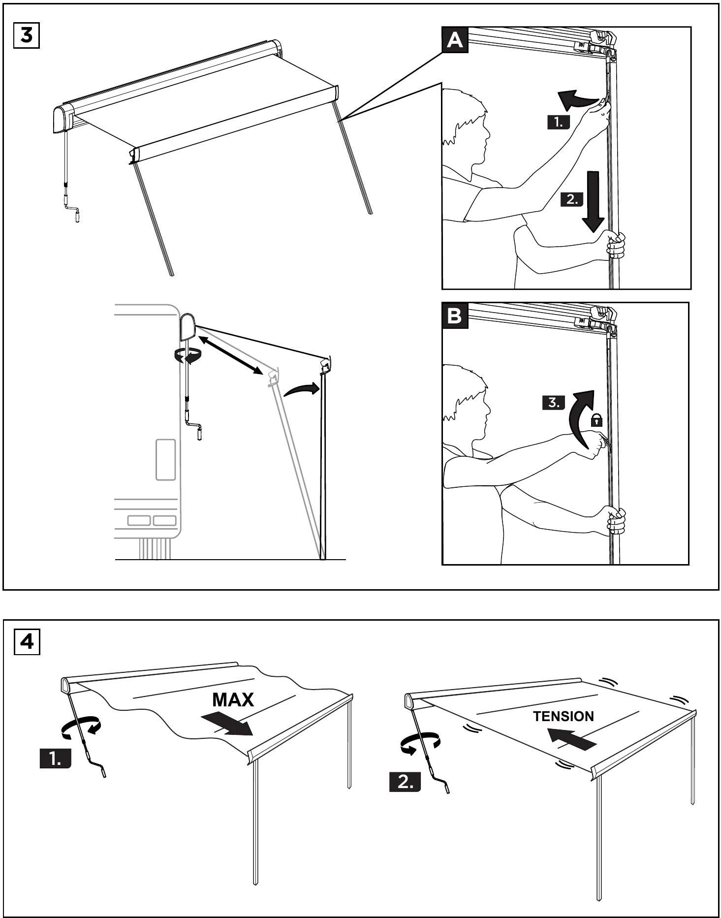 Thule Omnistor 5200 manual diagram: positioning the support legs and tensioning the fabric