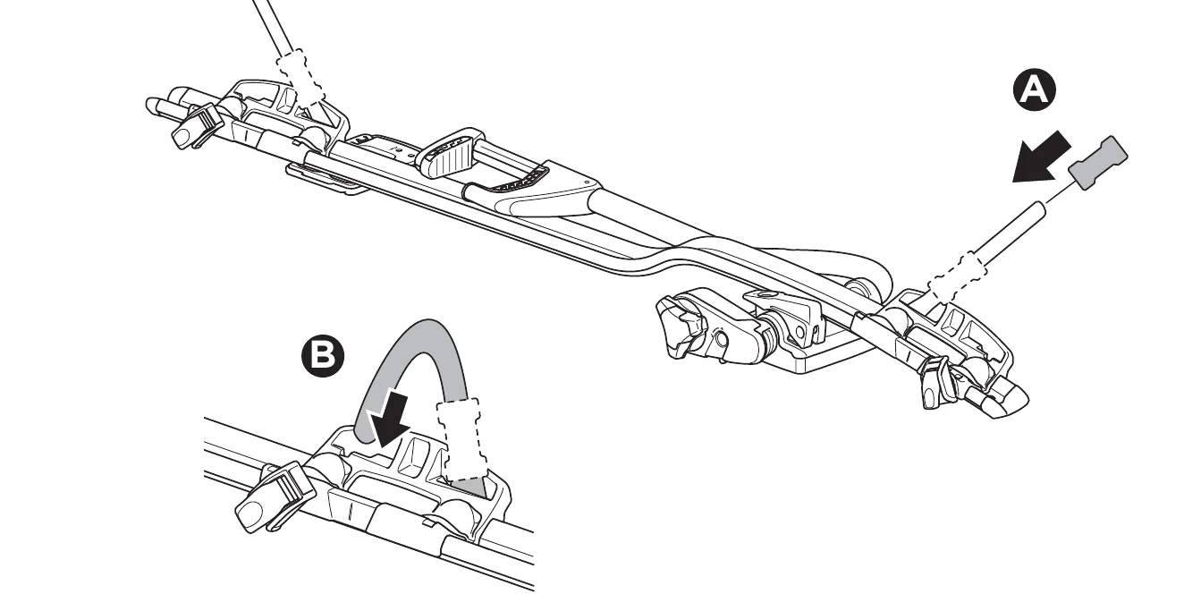 Thule ProRide 598 manual: press the end caps into the carrier rail and click the wheel-tray strap