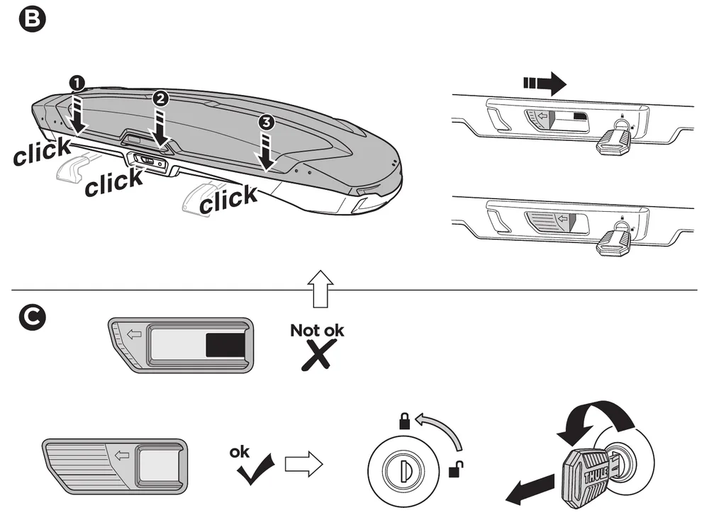 Thule Vector manual diagram of closing the lid at three points until it clicks, the SlideLock indicator and locking the box with the key