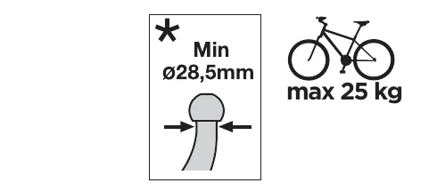 Thule VeloCompact 926 927 manual icons for minimum towball diameter 28.5 mm and max 25 kg per bike