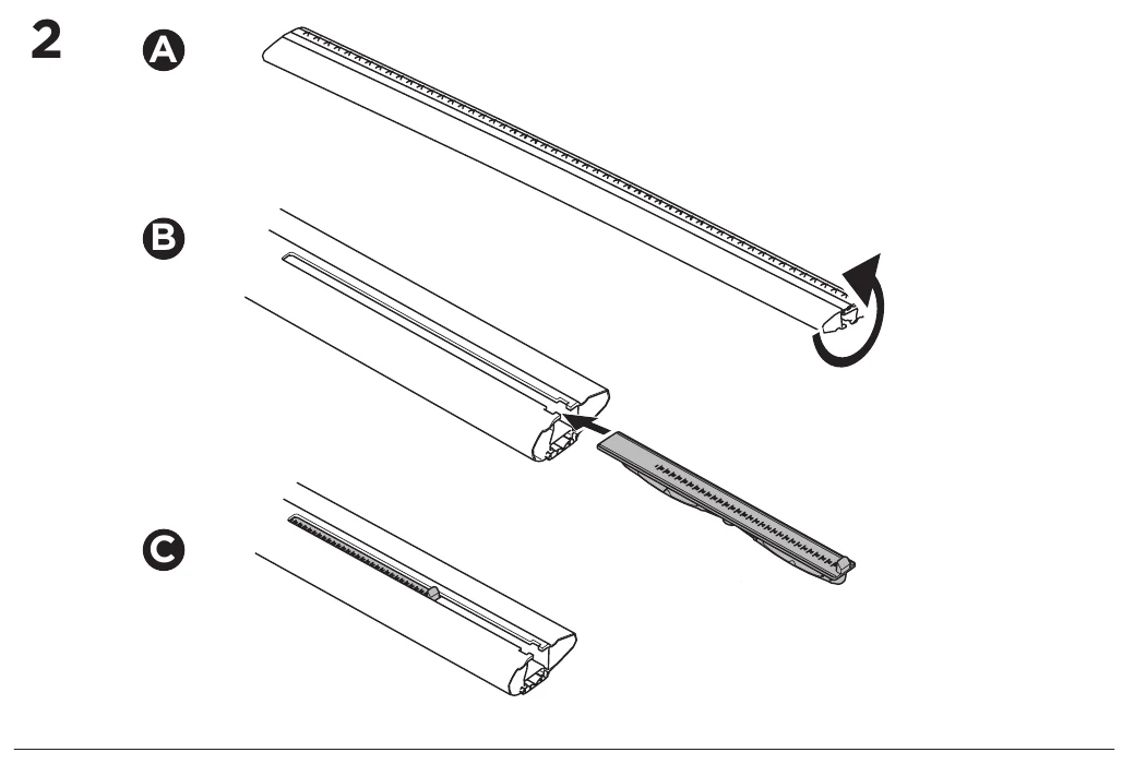 Thule WingBar Evo manual step 2: slide the toothed load strip into the side channel of the bar