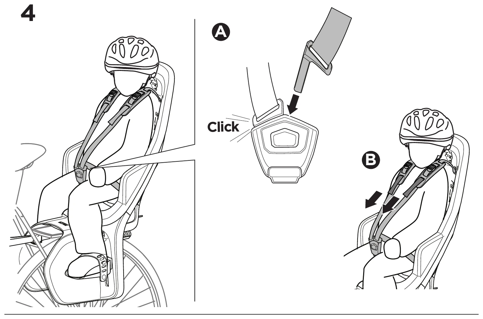 Thule manual step 4: clicking the five-point harness buckle shut and tightening the shoulder straps
