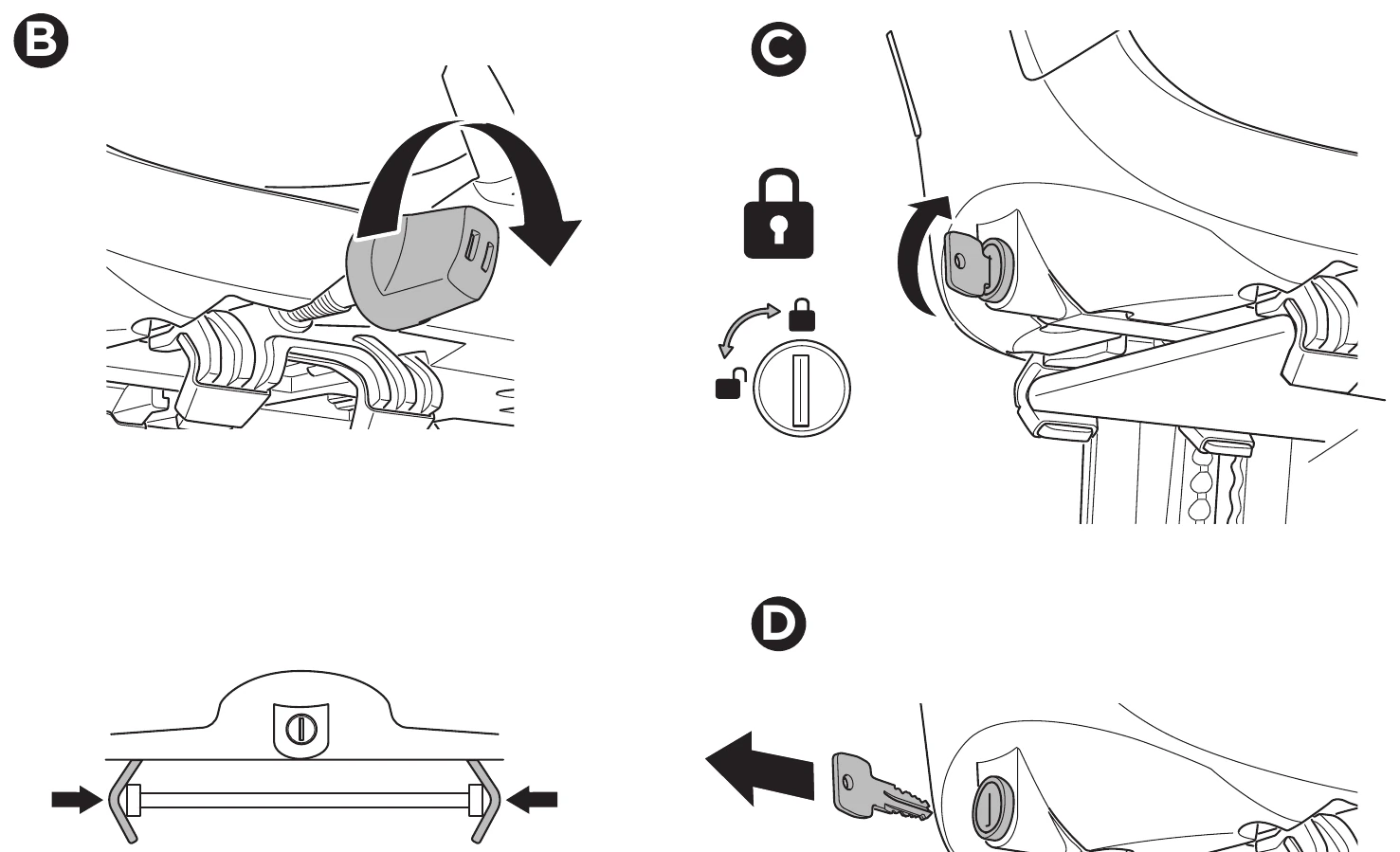 Thule rack mount manual step 2: locking the seat onto the carrier with the key and removing the key