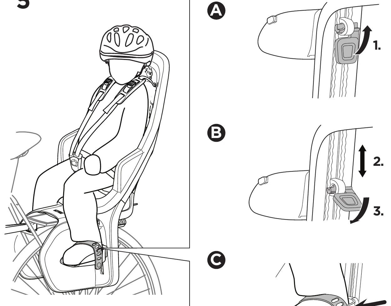Thule manual step 5: adjusting the footrest height and fastening the foot strap over the child's